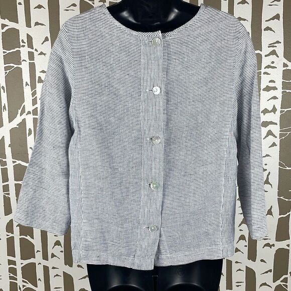 Tahari Linen Button Back Cropped Sleeve Striped Top XS - Picture 4 of 9